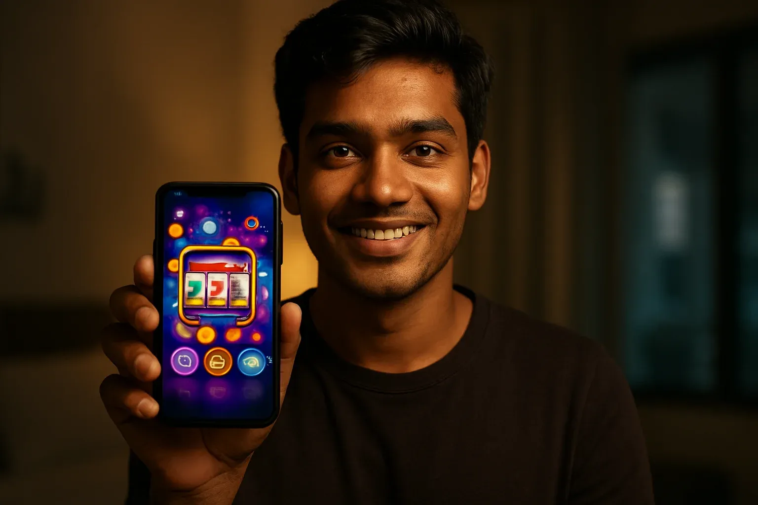 Young Bangladeshi man smiling, holding smartphone with colorful casino app interface