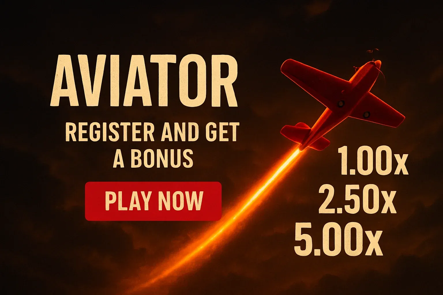 Aviator crash game banner with red plane, multipliers, and play button