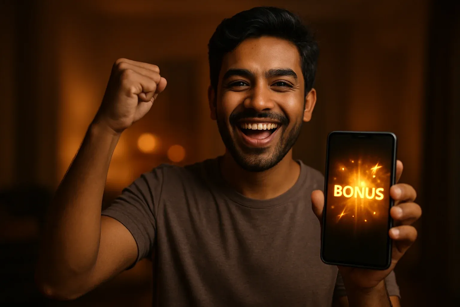 Joyful Bangladeshi man holding smartphone with glowing bonus notification screen