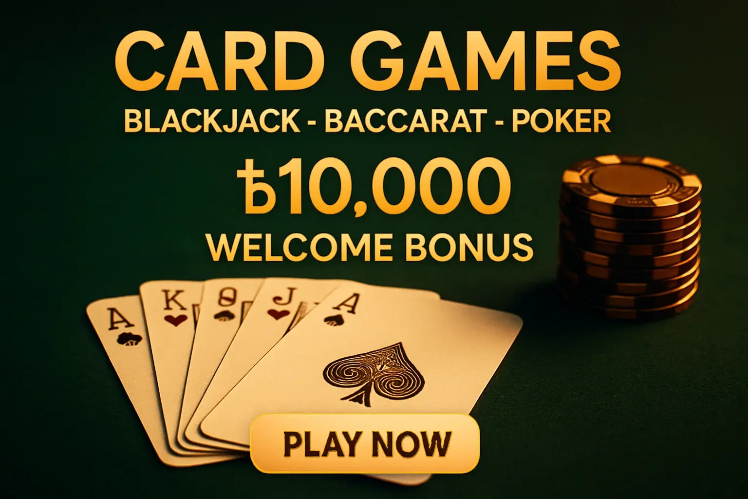 Card games banner with playing cards, chips, bonus offer, and CTA