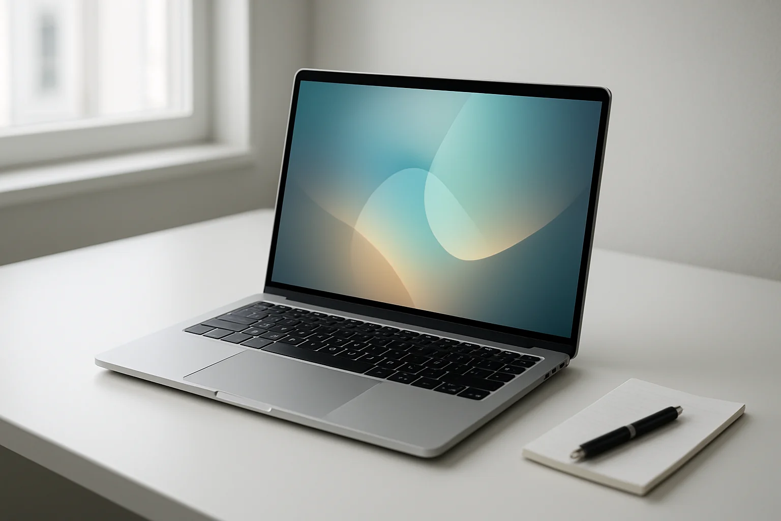 Modern laptop on white desk with abstract glowing screen