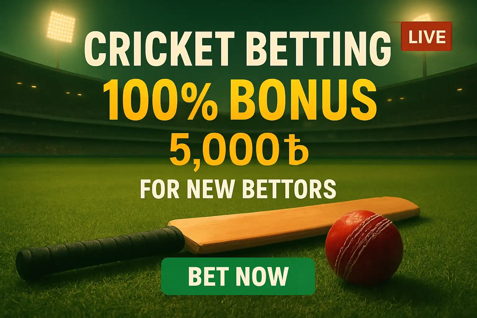 Cricket betting banner with stadium, bat, ball, bonus offer, and CTA
