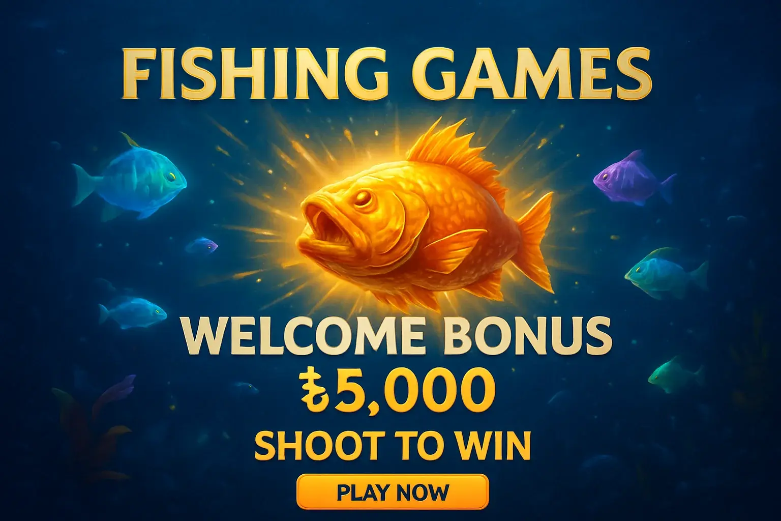 Fishing arcade banner with underwater boss fish, bonus offer, play button