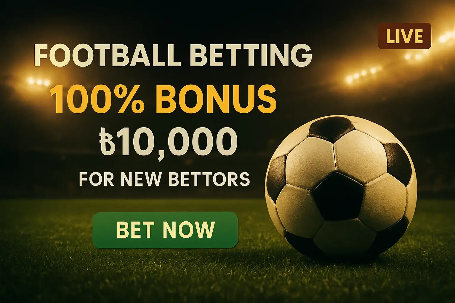 Football betting banner with soccer ball, stadium lights, bonus offer