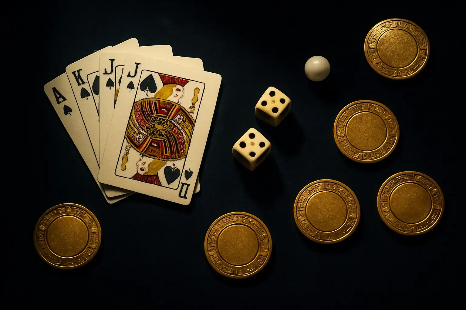 Golden casino chips, cards, dice, and roulette ball on velvet