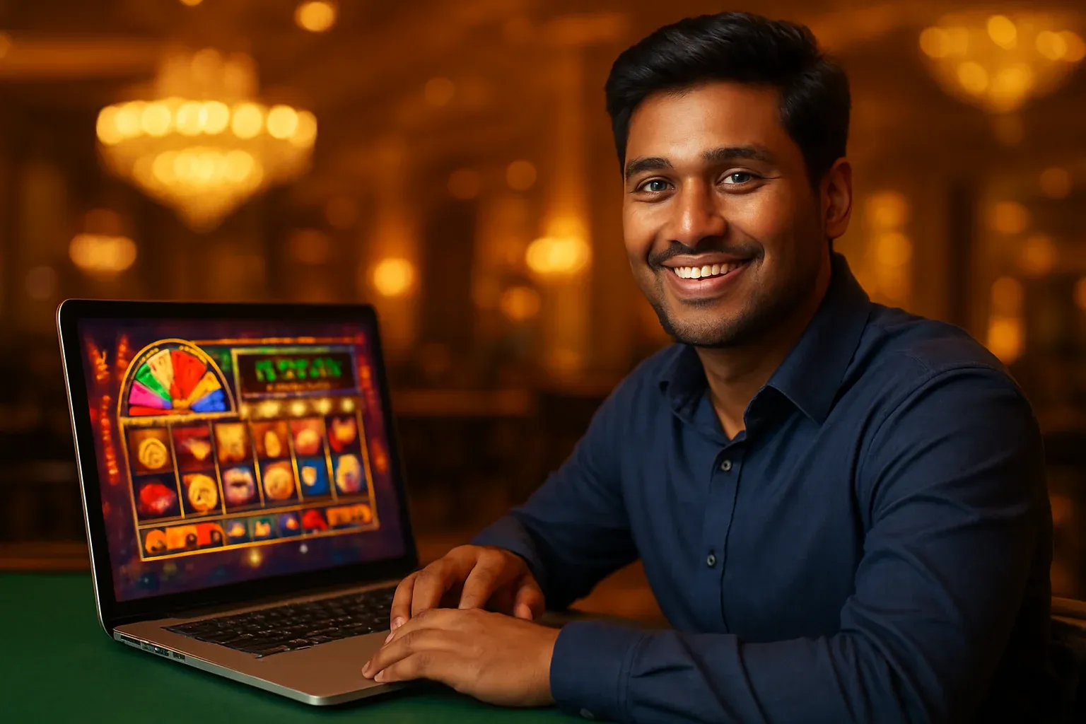 Cheerful Bangladeshi man with open laptop in premium casino lounge