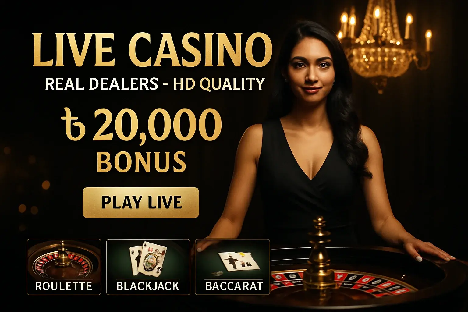 Luxury live casino banner with female dealer, roulette, bonus, and gold CTA