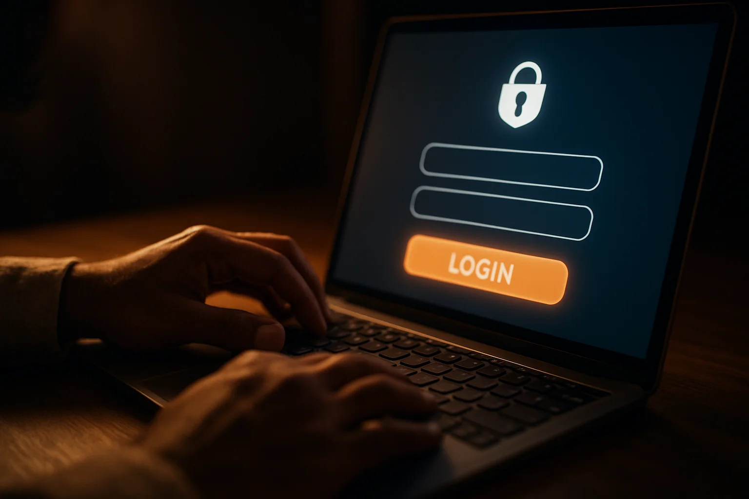 Bangladeshi hands on laptop showing stylized login form and security icon