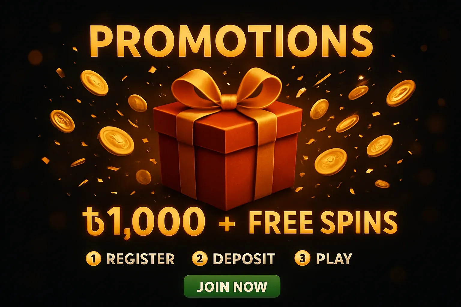 Casino promotions banner with gift box, golden coins, confetti, and CTA