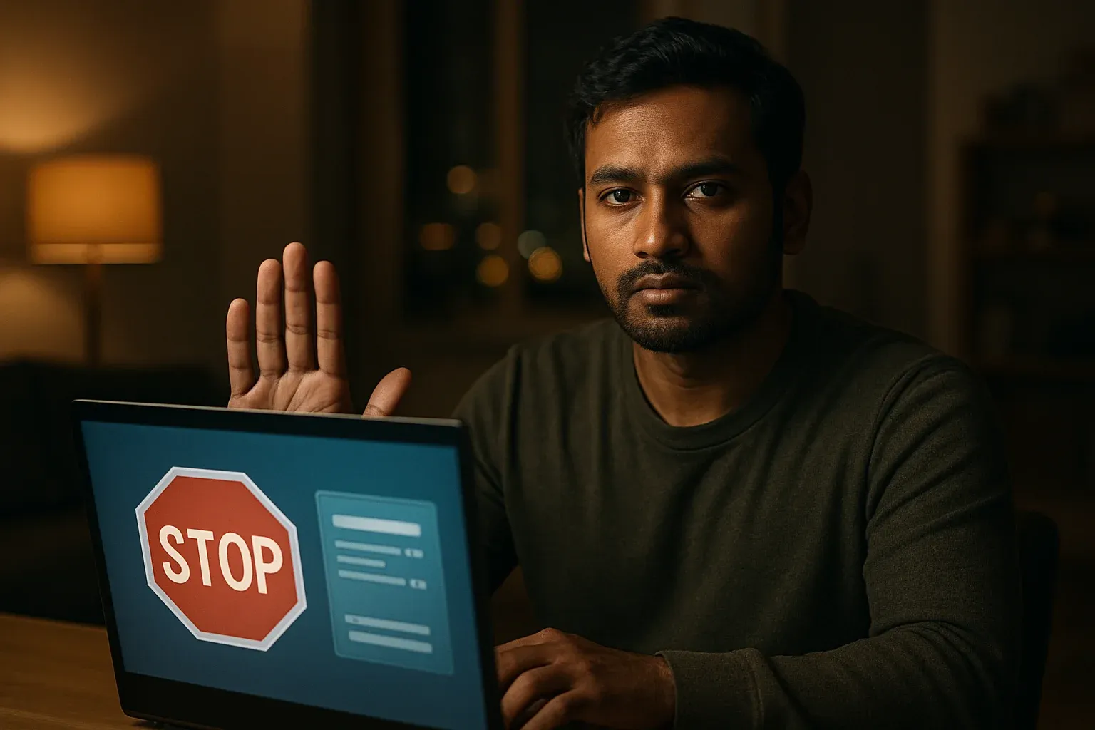 Bangladeshi man showing stop gesture beside laptop with responsible gambling controls