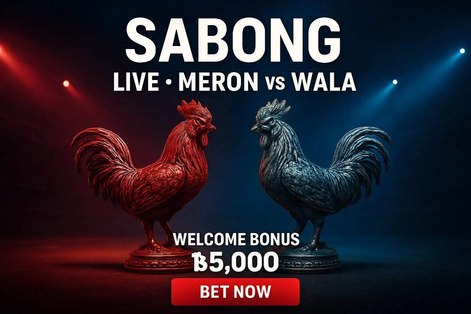 Live sabong banner with decorative rooster figurines and bonus offer
