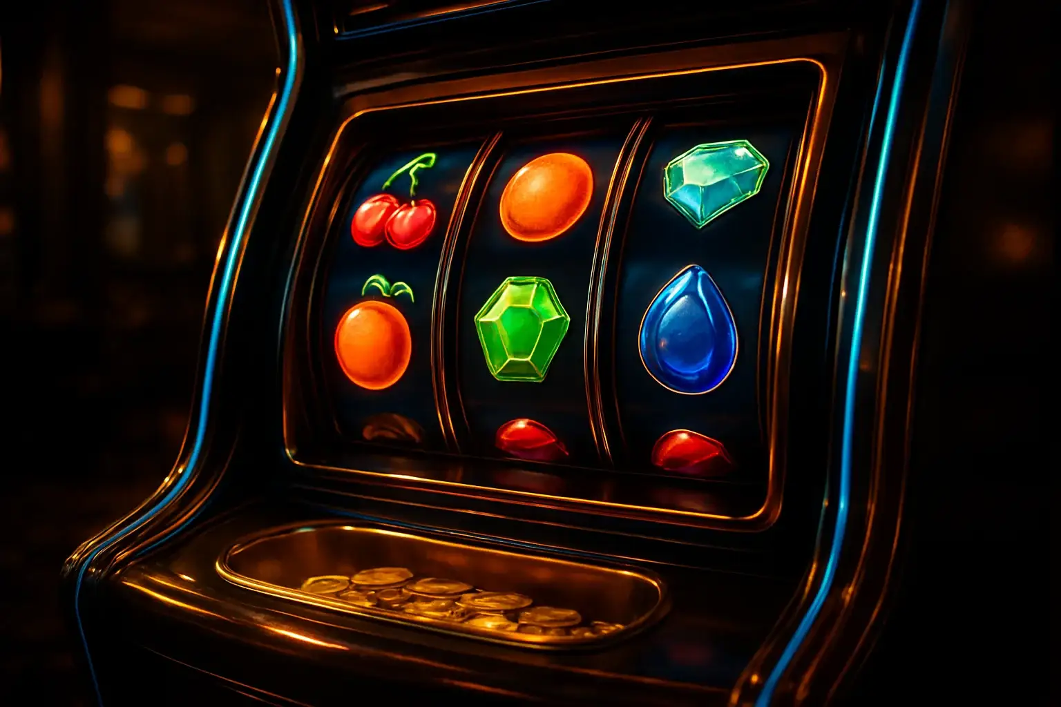 Hyperrealistic premium slot machine with glowing reels in dark luxury casino